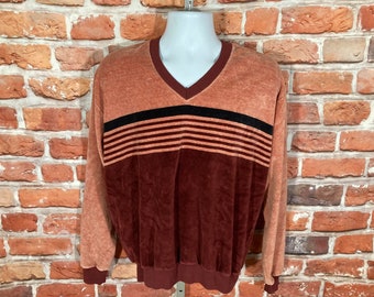 vintage 60s 70s Campus Velour long sleeve v neck shirt - sz XL - Salmon Burgundy striped - grunge indie emo mod