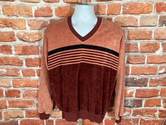Vintage 60s 70s Campus Velour Long Sleeve V Neck Shirt - Sz XL 