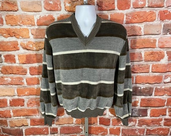 beautiful 70s VELOUR striped v neck sweater by Kennington - fits M - emo mod indie grunge surf shirt