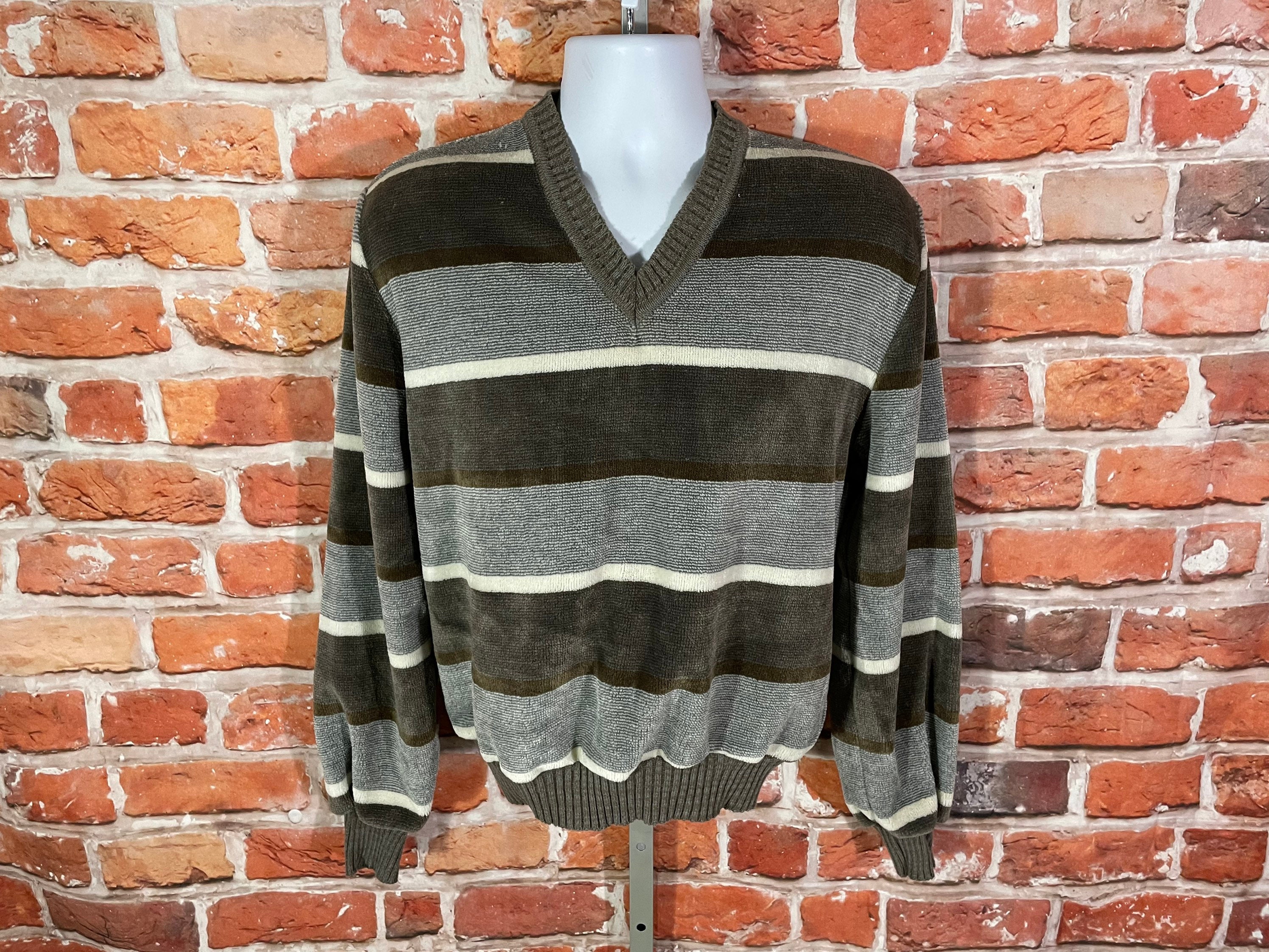 トップス 70s KENNINGTON Velours Pullover Vintage 1970's Kennington Striped Velour V-Neck Sweater