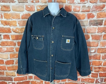 Vintage Carhartt C17 ANT Denim Blanket Lined Chore Coat Sz XL Barn