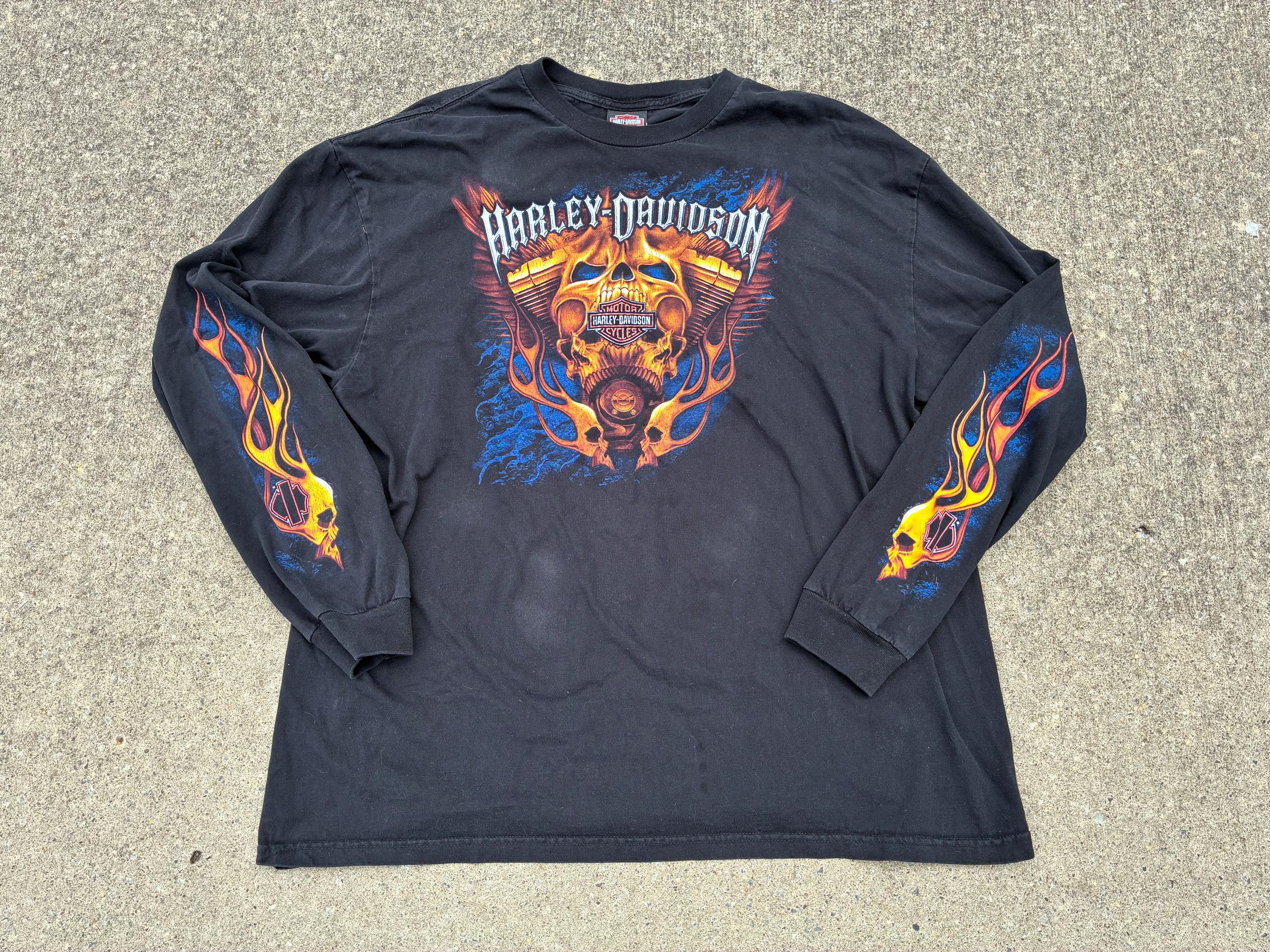 Harley-Davidson Eagle & Flame ランクスリーブ Vintage Harley Davidson Flame Sleeves Skull Long Sleeve Shirt Sz