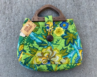 Vintage Quilted Floral Handbag – 60s/70s Wood Handle Purse, Deadstock
