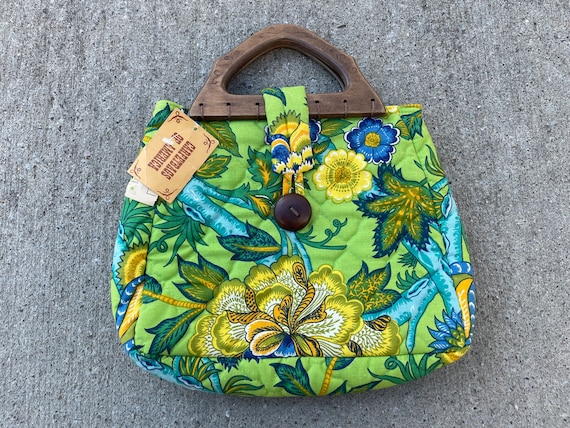 Vintage 60s 70s Funky Quilted Flower Print Handbag Purse Deadstock W Tags Hippie Boho Mod Grunge Wood Handle Etsy