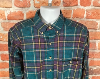 vintage Woolrich purple/green plaid wool flannel button up shirt - sz L - emo indie grunge cabin core