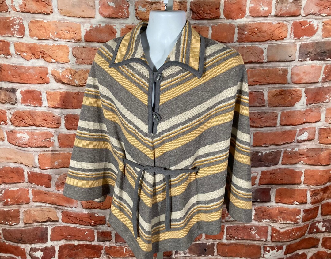 Vintage 60s 70s Butte Knit Striped Poncho W Tie and Collar - Sz M