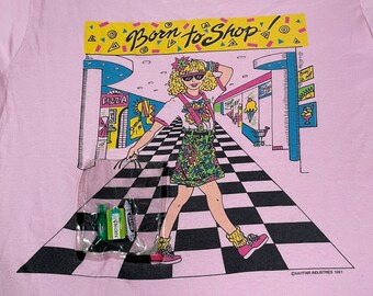 Vintage 1991 Born To Shop-skjorta med 3D-shoppingväska - storlek L Screen Stars-t-shirt - mall 90-talsflickor från 90-talet