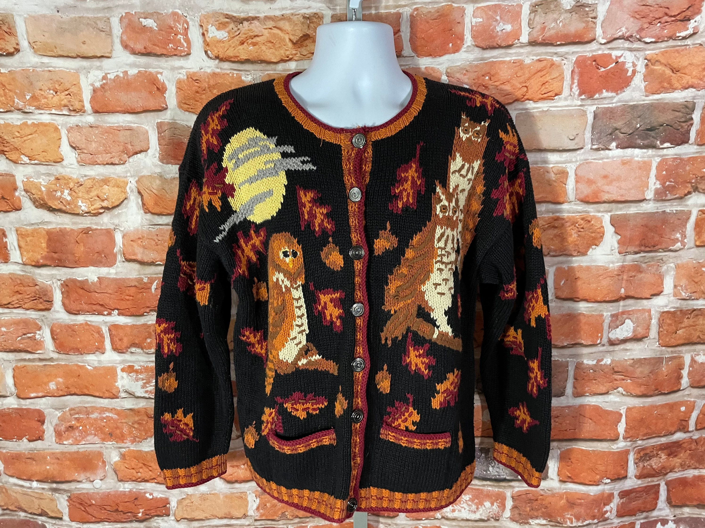 Vintage Owl Knit Cardigan Sweater Tagged L Fall Halloween - Etsy