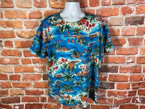 vintage 90s all over print ocean beach shirt - sz… - image 1