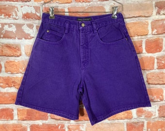 purple high waisted denim shorts