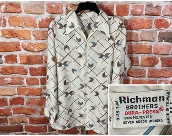 vintage 60s Richman Bros polyester funky button down long sleeve shirt - sz XL - dart collar mod emo grunge