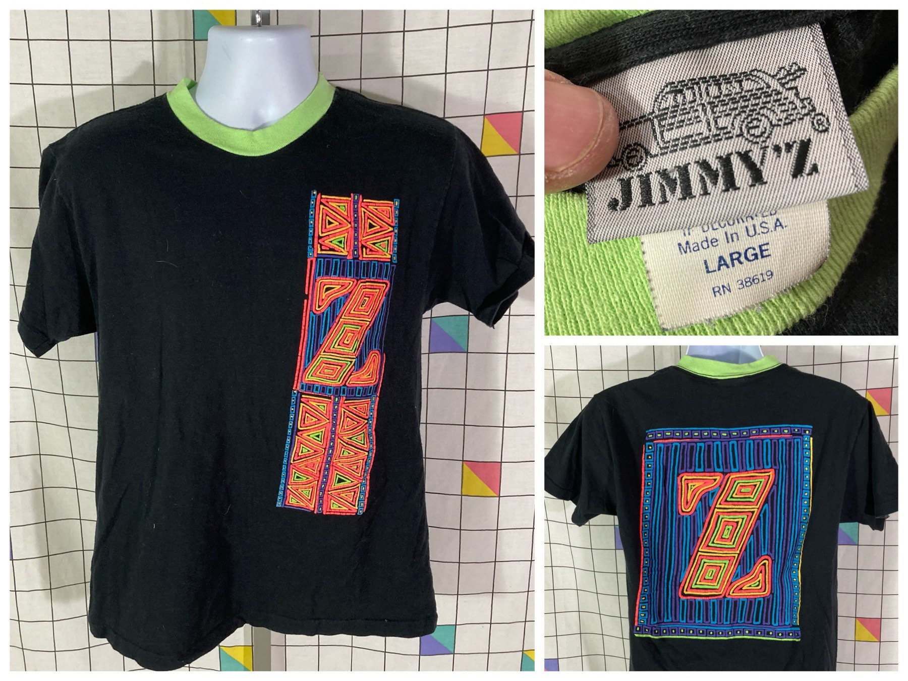 Vintage 80s Jimmyz Textured Neon Print Single Stitch Noen Vintage 80s Jimmyz Textured Neon Print Single Stitch Noen