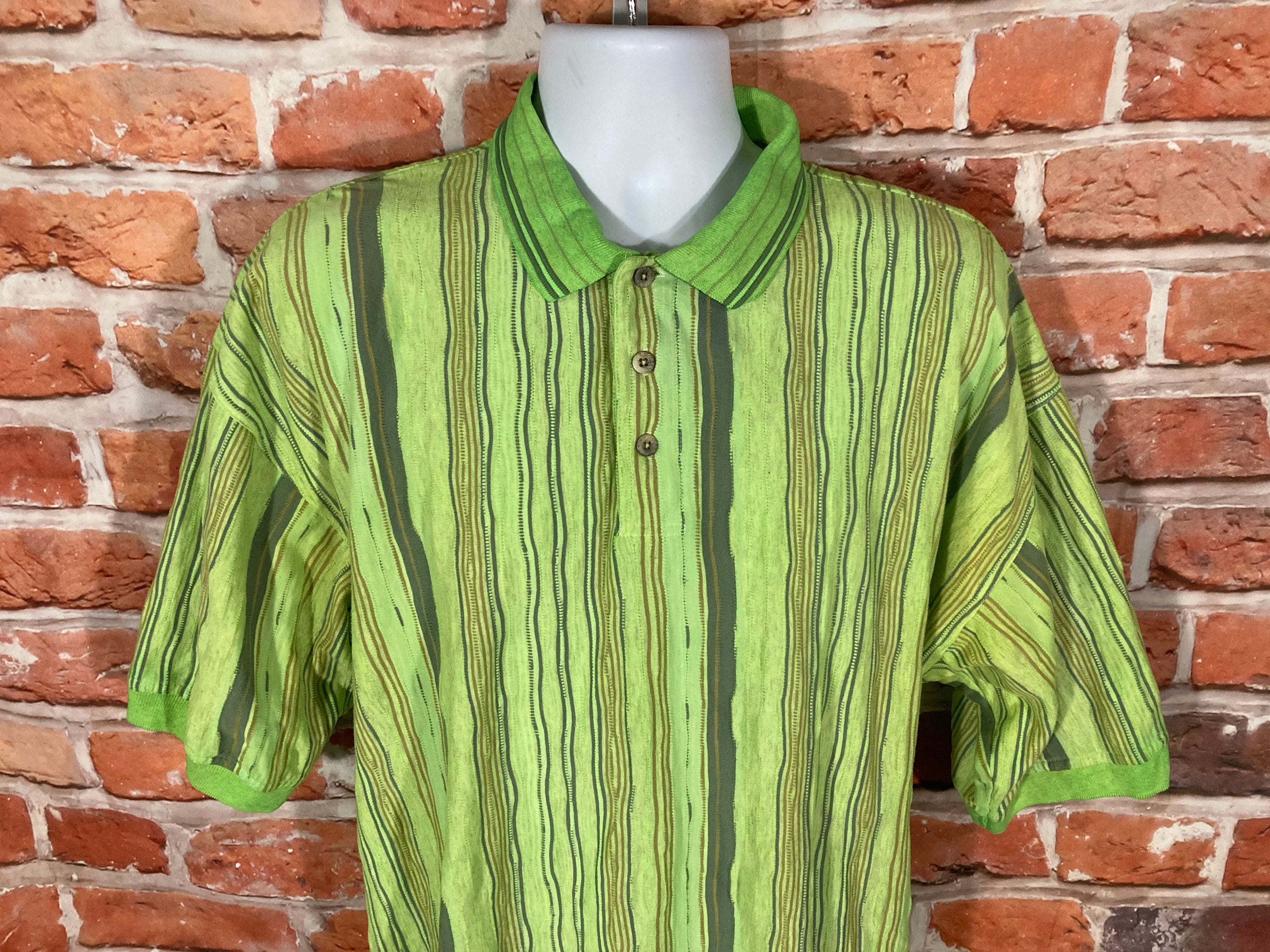 Neon Green Vintage Greg Norman Shark Coogi Style Textured Polo