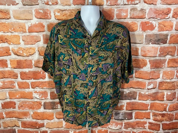 vintage funky abstract rayon button down shirt - … - image 1