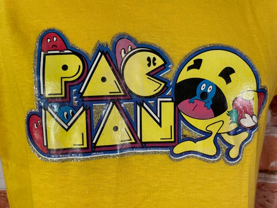 vintage 80s Pac Man glitter transfer shirt - fits… - image 1