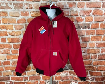 Vintage Carhartt Hooded Jacket Mens Thermal Lined Coat J131 Sz XL Tall Rare  Red