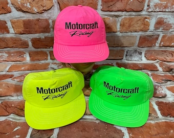 vintage neon Motorcraft Racing snapback trucker hat - nascar grunge surf nylon cap
