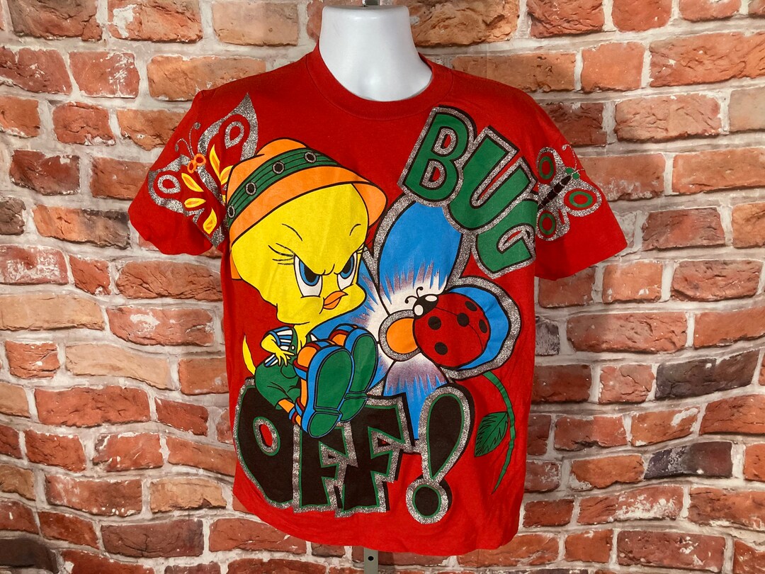 Vintage 90s Tweety Bird Bug off All Over Glitter Print Shirt