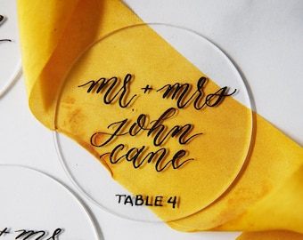Round Acrylic Tile Escort Cards, Round Acrylic Place Cards, Acrylic Tile Wedding Favor, Calligraphy Acrylic Tiles