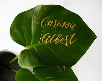 Small Monstera Leaf Place Cards, Monstera Leaf Place Cards, Tropical Leaf Place Cards, Calligraphy Fresh Leaves, Monstera Leaf Wedding
