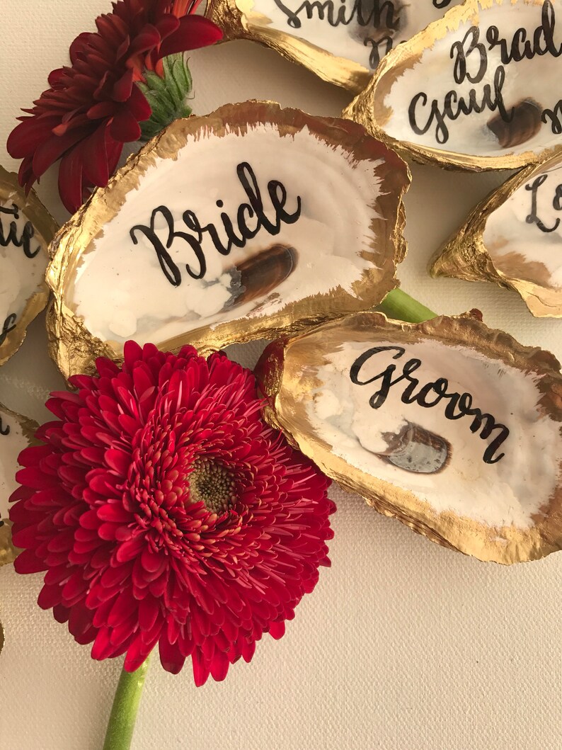 Calligraphy Oyster Favor Gold Oyster Place Cards Oyster Wedding Favor Brushed Gold Oyster Shell Escort Cards