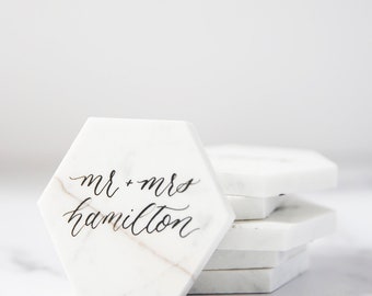Marble Tile Escort Cards, Hexagon Tile Place Cards, Marble Tile Wedding Favor, Calligraphy Marble Tiles