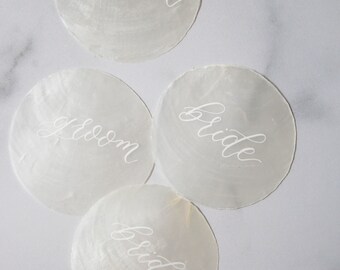 Capiz Shell Escort Cards, Capiz Place Cards, Capiz Wedding Favor, Calligraphy Capiz Favor, Wedding Shells, Windowpane Oyster