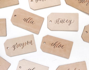 Leather Luggage Tag Escort Cards, Leather Tag Place Cards, Leather Tag Wedding Favor, Calligraphy Leather Tags, Bridesmaid Groomsmen Gifts