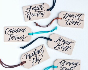 Leather Luggage Tag Escort Cards, Leather Tag Place Cards, Leather Tag Wedding Favor, Calligraphy Leather Tags, Bridesmaid Groomsmen Gifts