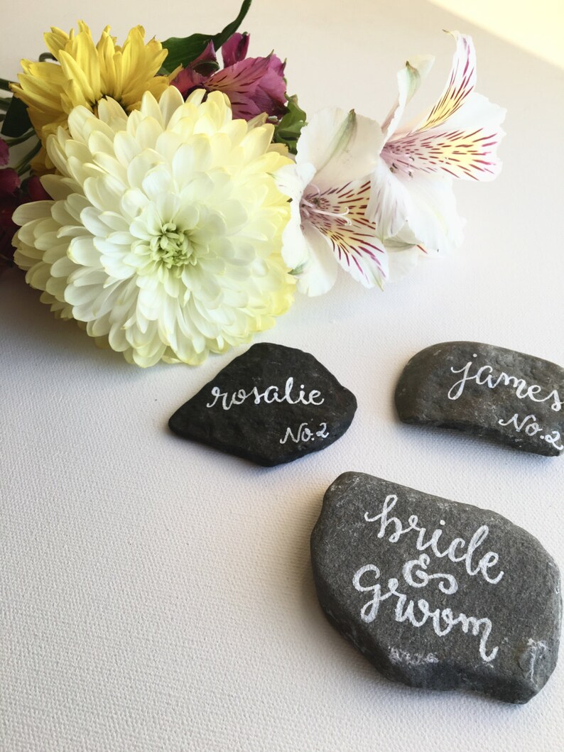 Beach Stone Place Cards, Flat Rock Escort Cards, Hand Lettered Rocks image 3