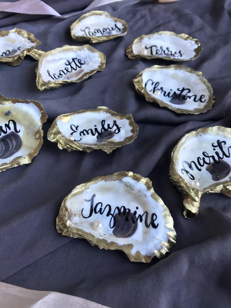 Calligraphy Oyster Favor Gold Oyster Place Cards Oyster Wedding Favor Brushed Gold Oyster Shell Escort Cards