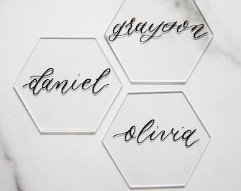 Hexagon Acrylic Tile Escort Cards, Hexagon Acrylic Place Cards, Acrylic Tile Wedding Favor, Calligraphy Acrylic Tiles
