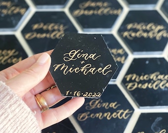 Black Marble Tile Escort Cards, Hexagon Tile Place Cards, Marble Tile Wedding Favor, Calligraphy Marble Tiles
