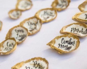 Brushed Gold Oyster Shell Escort Cards, Gold Oyster Place Cards, Oyster Wedding Favor, Calligraphy Oyster Favor