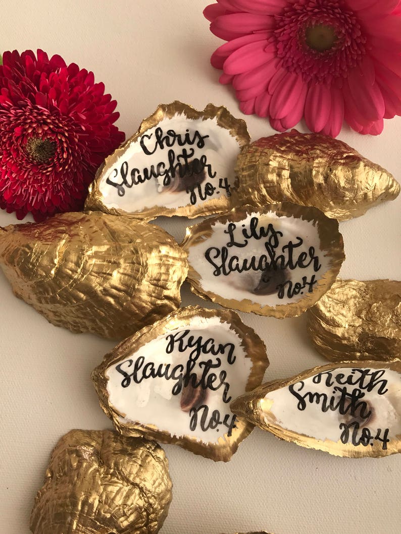 Calligraphy Oyster Favor Gold Oyster Place Cards Oyster Wedding Favor Brushed Gold Oyster Shell Escort Cards