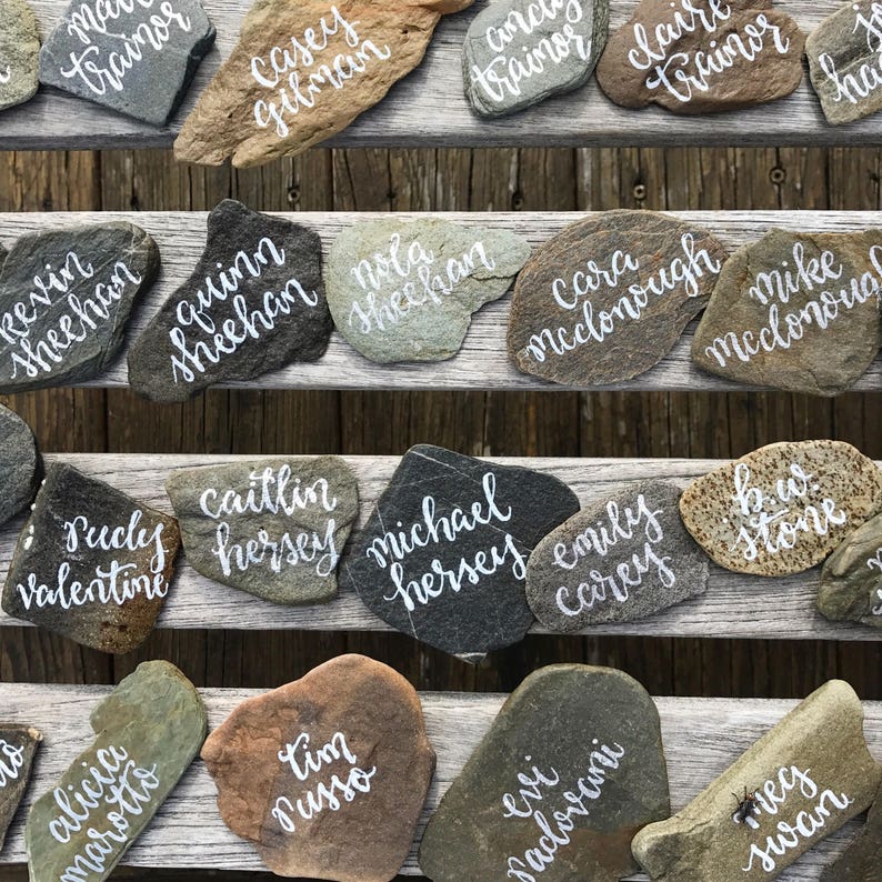 Beach Stone Place Cards, Flat Rock Escort Cards, Hand Lettered Rocks image 5