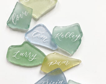 Sea Glass Escort Cards, Sea Glass Place Cards, Sea Glass Wedding Favor, Calligraphy Sea Glass Favor, Wedding Sea Glass