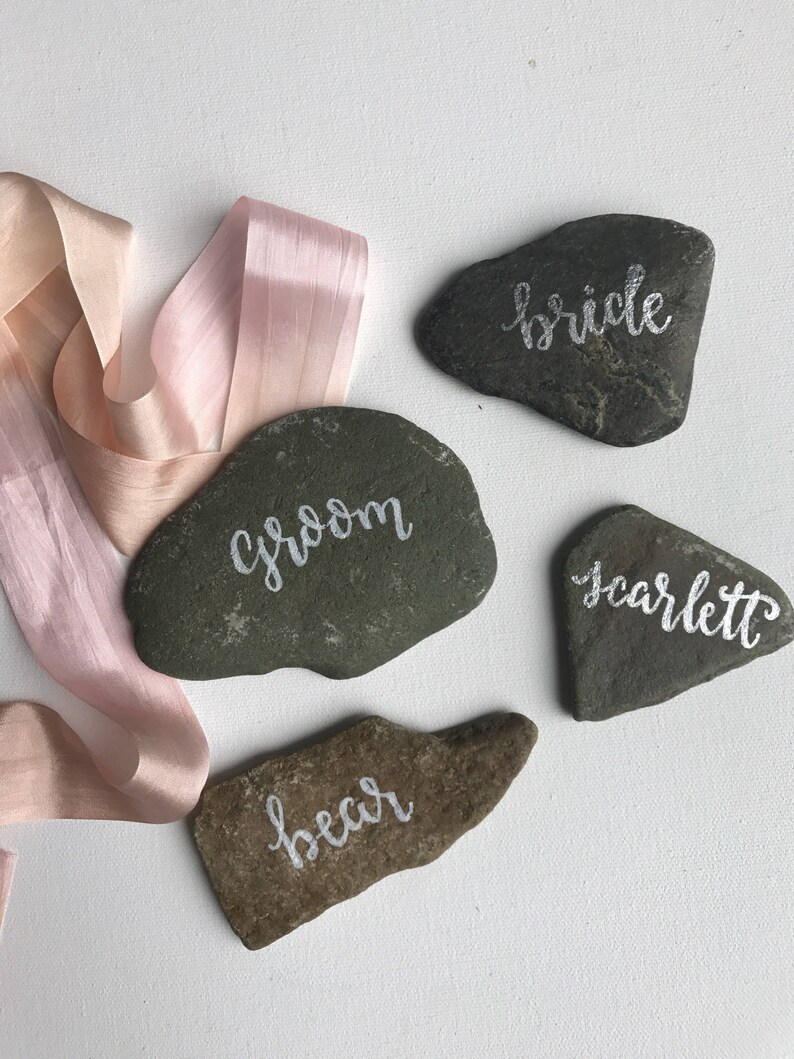 Beach Stone Place Cards, Flat Rock Escort Cards, Hand Lettered Rocks image 2