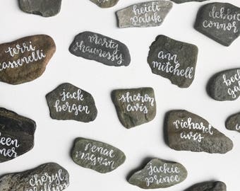 Beach Stone Place Cards, Flat Rock Escort Cards, Hand Lettered Rocks