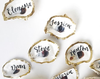 Gold Rim Oyster Shell Escort Cards, Oyster Place Cards, Oyster Wedding Favor, Calligraphy Oyster Favor