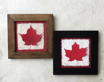 Pressed Red Maple Leaf Art: Signed Botanical Picture, Handmade Canadian Gift