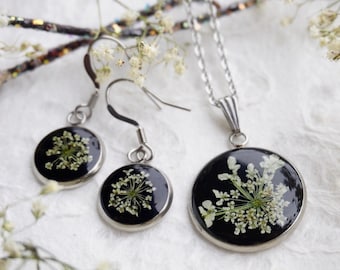 Queen Annes Lace Necklace & Earring Set | REAL Pressed Flower Resin Necklace | Real Pressed Flower Earrings | Boho Wedding Jewelry for Bride