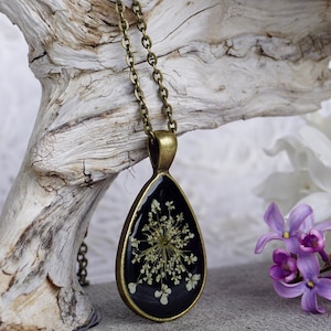 Real Pressed Queen Annes Lace Teardrop Necklace: Antique Bronze Resin Jewelry