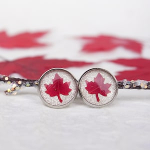 Real Preserved Read Maple Leaf Stud Earrings on White Background | Canadian Maple Leaf Earrings Silver Stainless Steel | Hypoallergenic