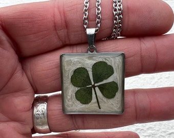 Real Shamrock Necklace, Green 4 Leaf Clover Pendant Necklace by Pressed Wishes, Genuine Shamrock Necklace, Lucky Irish Necklace Souvenir