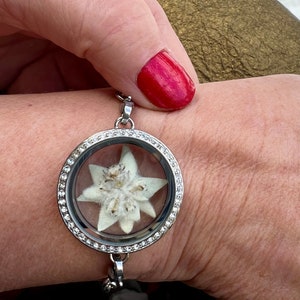 Preserved Edelweiss Bracelet, Rhinestone Locket Bracelet with Real Pressed Edelweiss Flower, Swiss Alpine Flower Jewelry, Bavarian Flower