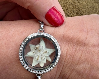 Konserviertes Edelweiss Armband, Strass Medaillon Armband mit echte gepresste Edelweiss Blume, Schweizer Alpenblumen Schmuck, Bayerische Blume