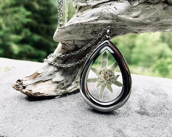 Real Pressed Edelweiss Teardrop Locket: Silver Stainless Steel Flower Necklace