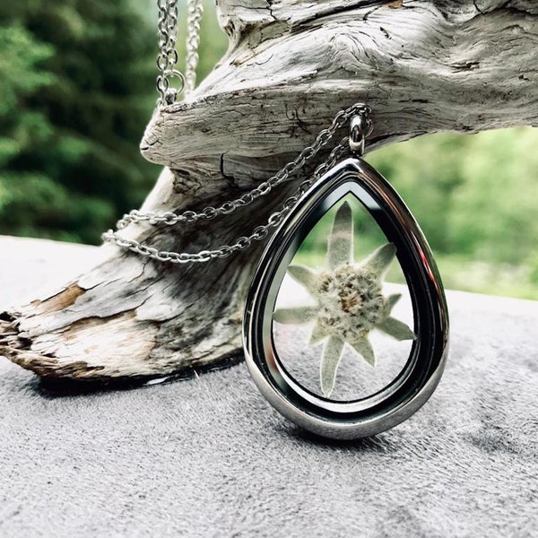 Real Pressed Edelweiss Locket | Romantic Flower of the Alps Silver Stainless Steel Teardrop Locket with Glass | Engagement necklace gift