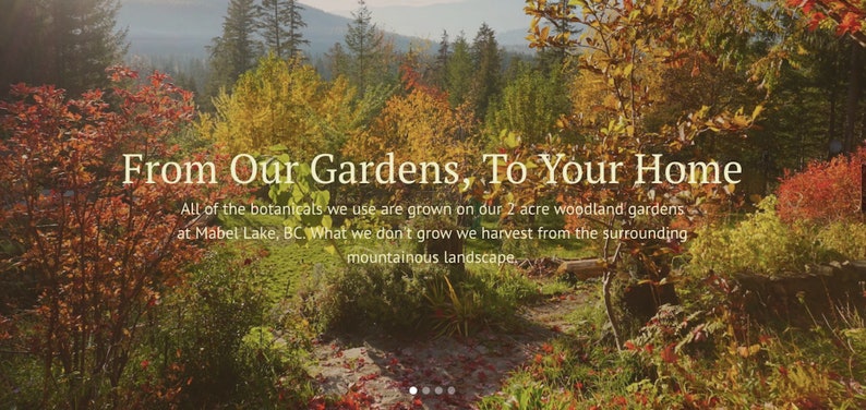 May include: A scenic image of a woodland garden with fall foliage in shades of red, orange, and yellow. The text "From Our Gardens, To Your Home" is displayed in the center of the image. The text below reads "All of the botanicals we use are grown on our 2 acre woodland gardens at Mabel Lake, BC. What we don't grow we harvest from the surrounding mountainous landscape."